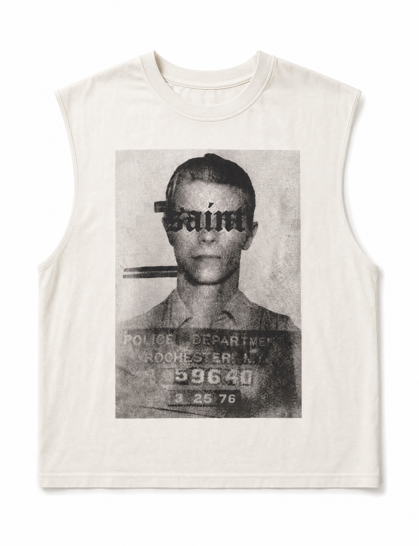 Ecru Saint vest shown flat, with print and neckline detail