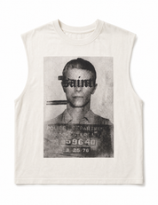 Ecru Saint vest shown flat, with print and neckline detail