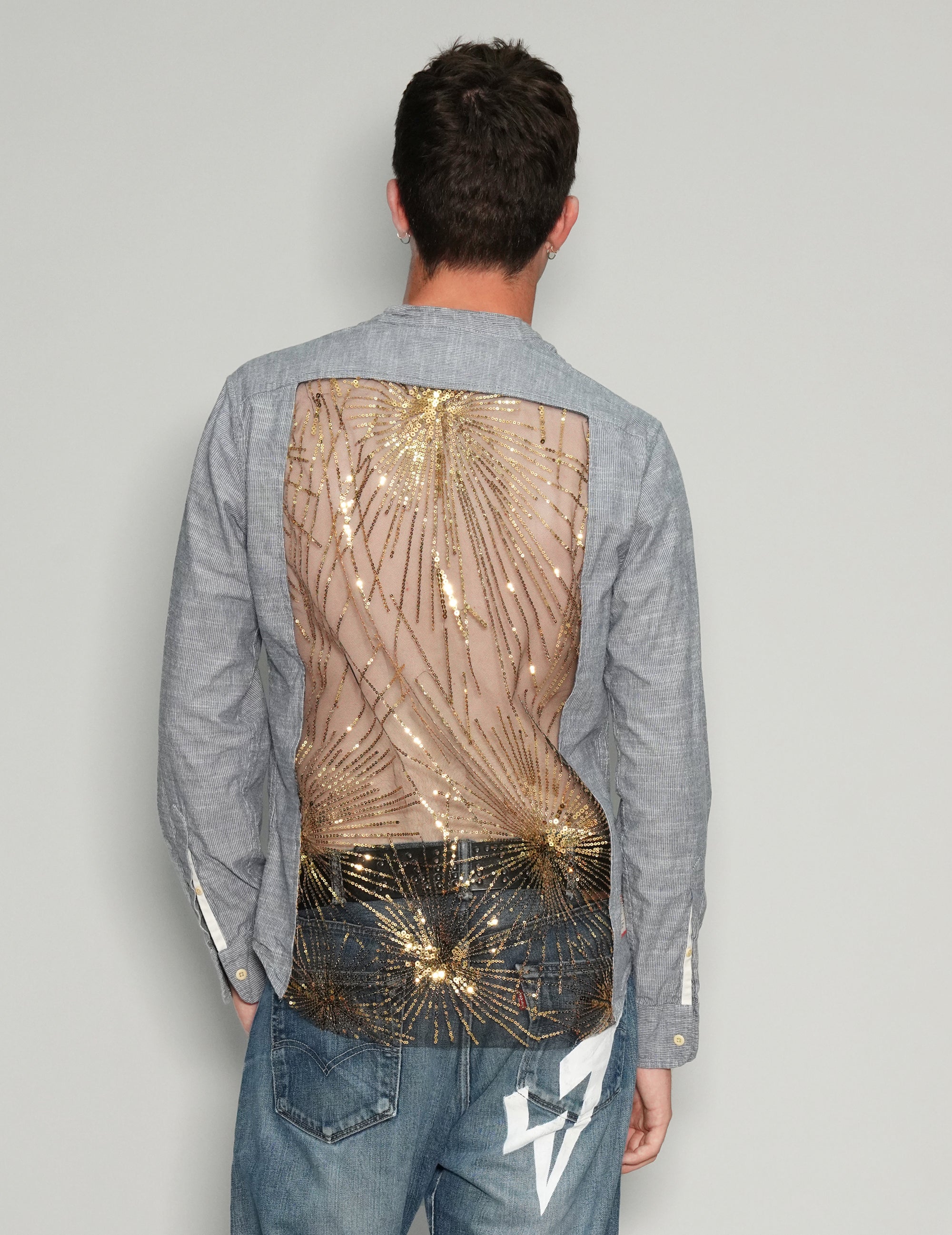 Men's Grandad Collar Shirt with Gold Sequin Sheer Back | Stuart Trevor