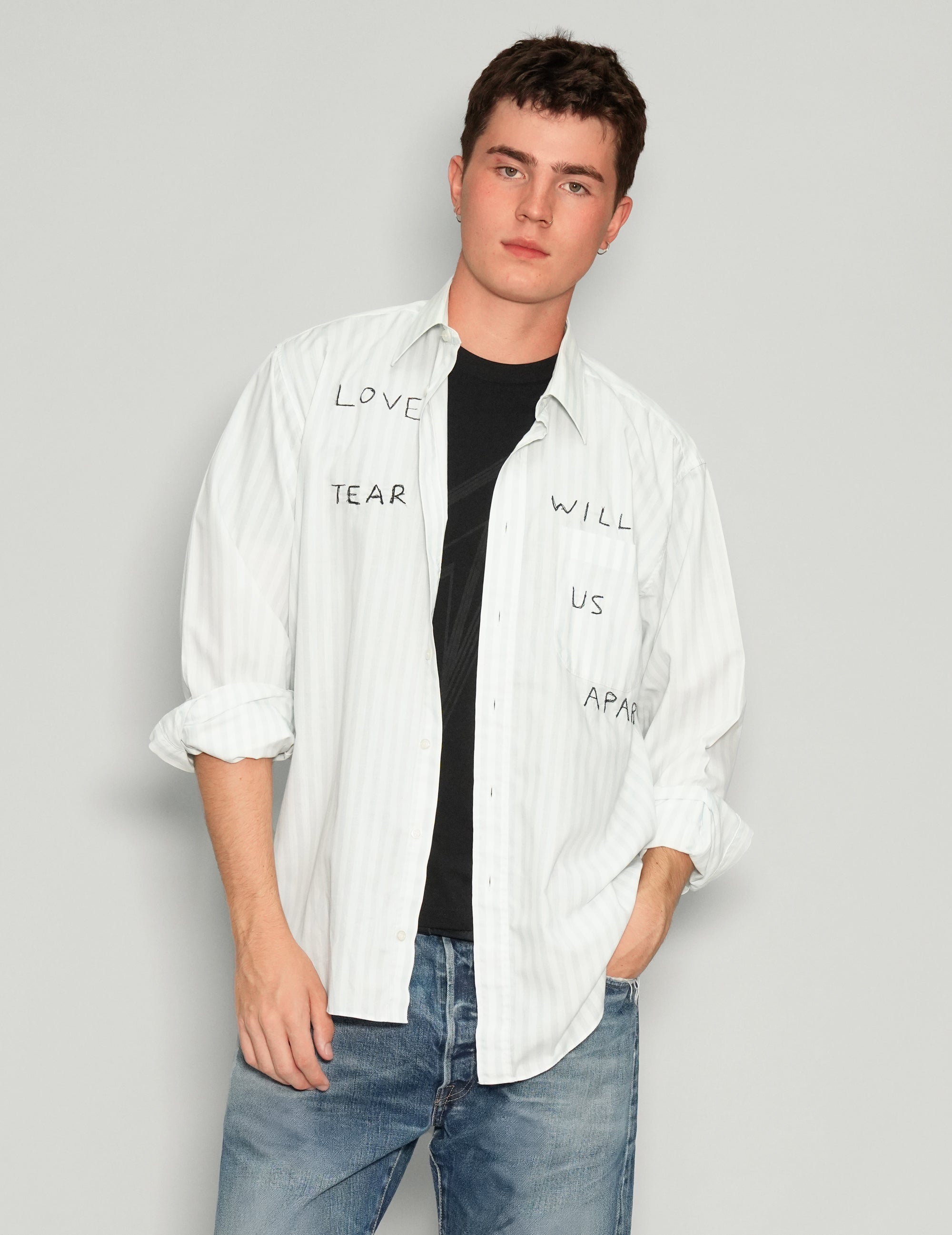 "Love Will Tear Us Apart" Light Striped Shirt