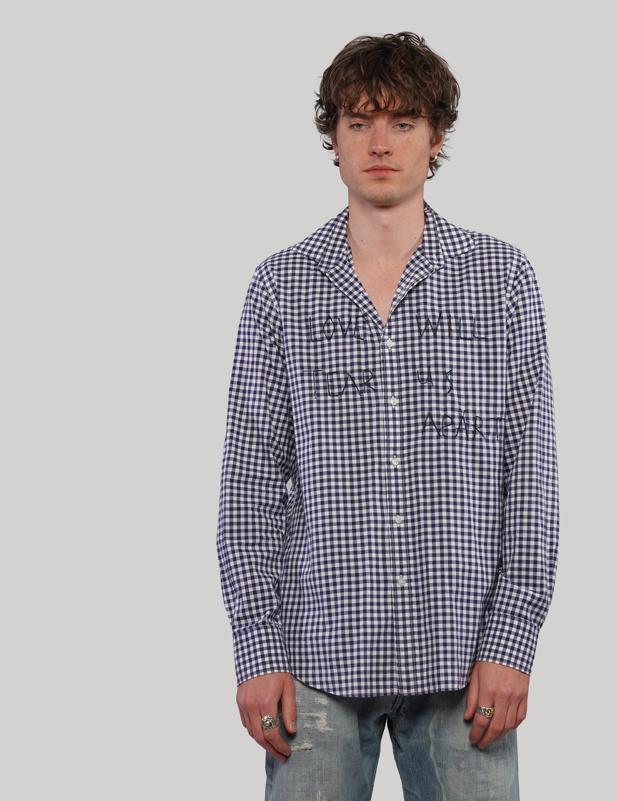'Love Will' Gingham Shirt - Navy