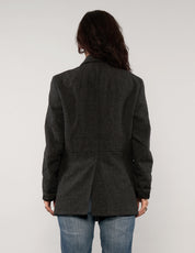 Rear view of vintage charcoal AllSaints peacoat showing the tailored back and short-length silhouette.