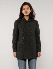 Full front view of a vintage charcoal AllSaints double-breasted wool-blend peacoat with classic button fastening.