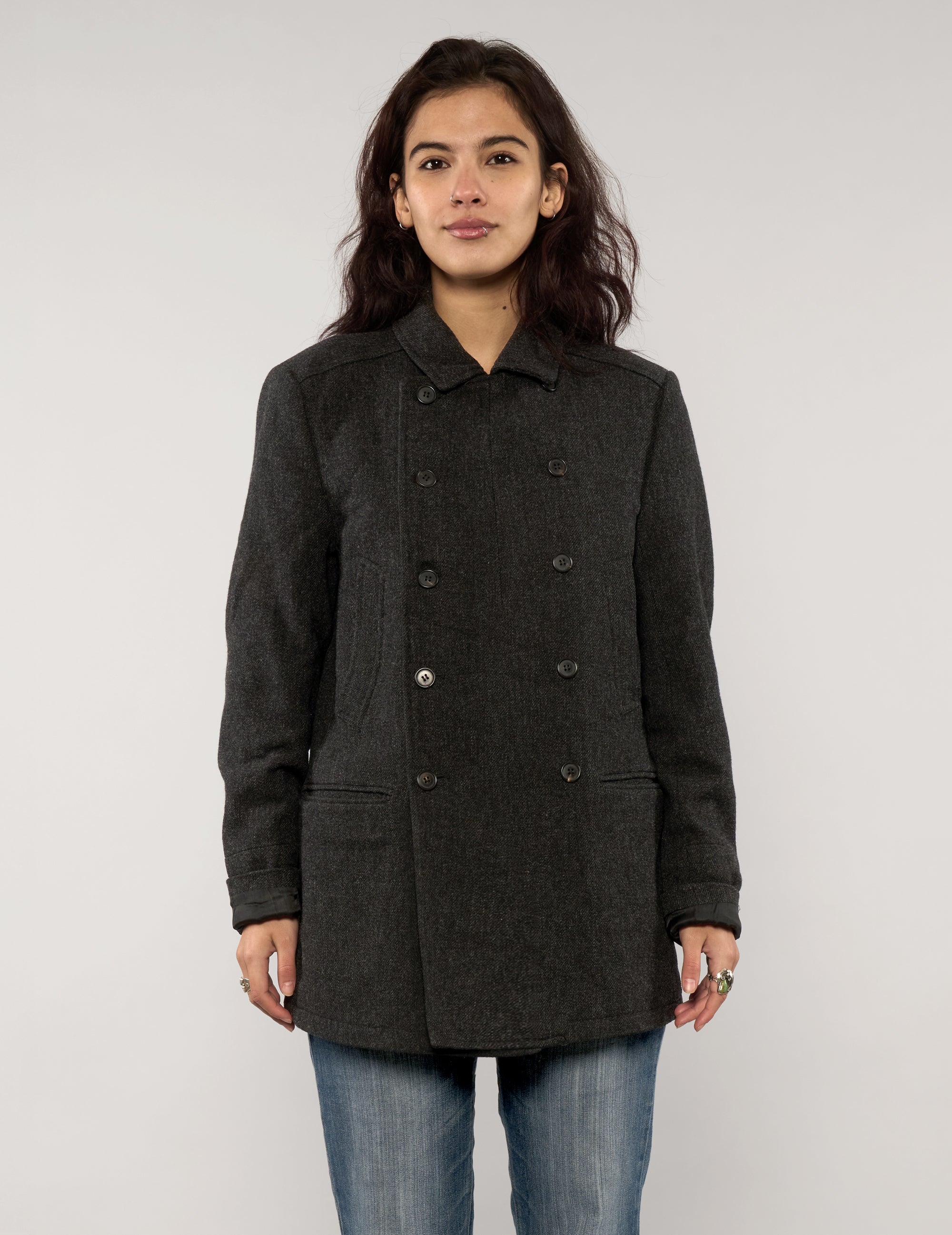 Full front view of a vintage charcoal AllSaints double-breasted wool-blend peacoat with classic button fastening.